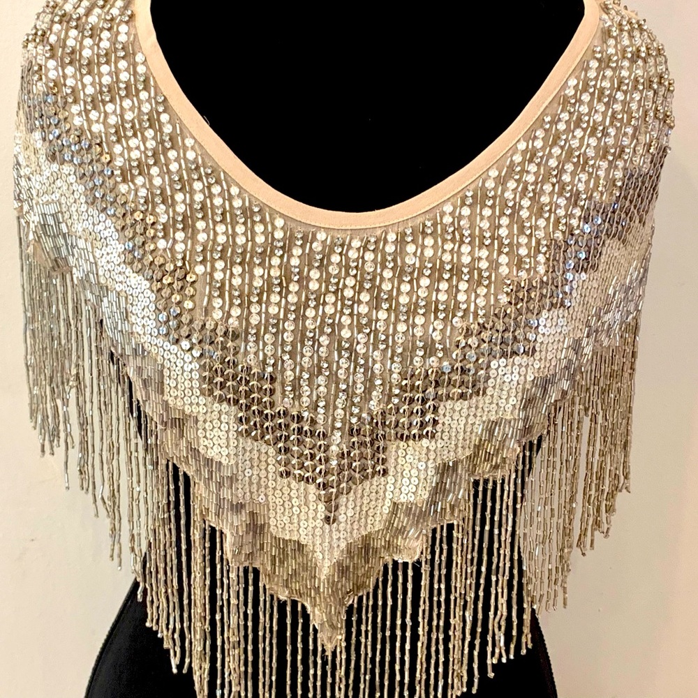 HAUTE HIPPIE Beaded Shawl $595 New Sequin Evening Cape 1920s Gatsby Ivory Bridal - Picture 7 of 16